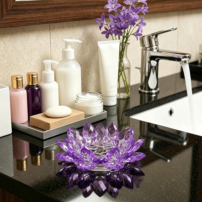 Crystal Flower Jewelry Tray, Transparent Decorative Trinket Dish for Rings, Earrings, Necklaces, Keys for Vanity Dresser Nightstand, Elegant Gift for Women Mother's Day (2, 6.3"(W)- Purple)