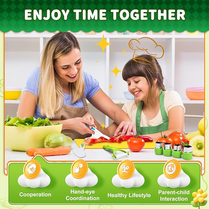 13 Pieces Montessori Kitchen Toys for Toddlers-Kids Cooking Sets Real-Toddler Toys Set for Real Cooking with Plastic Children Safe Knives Crinkle Cutter Kids Cutting Board