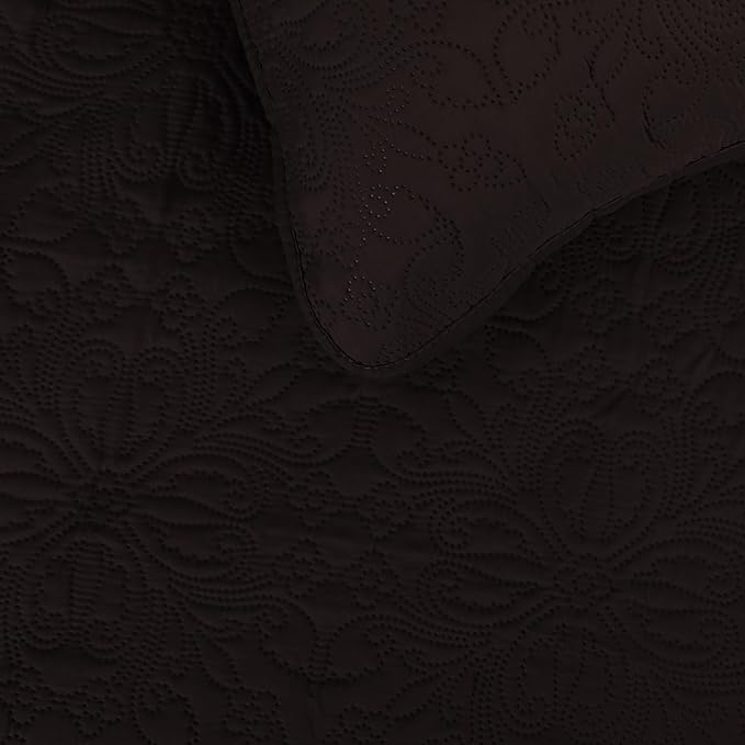 Easy-Going Full/Queen Size Reversible Quilt Set with 1 Quilt and 2 Pillow Shams, Soft Bed Quilt Cover, Water Resistant Lightweight Microfiber Bedspread, Stain Resistant, Damask-Chocolate/Beige