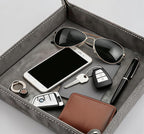 Valet Tray Desktop Storage Organizer – Vegan Leather Catchall Bedside Vanity Tray Nightstand Caddy Holder for Remote Controller, Watch, Keys, Phone, Wallet, Coin, Jewelry, Stone Gray