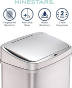 Ninestars 13 Gallon Automatic Trash Can, 50L Touchless Motion Sensor Garbage Can with Odor-Sealing Lid, Rectangular Stainless Steel, Silver Trim