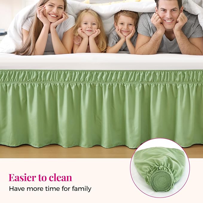 RIMELA Light Green Bed Skirt Queen Size 15 Inch Drop, Elastic Bed Skirting, Bedding Dust Ruffle Easy to Install, Wrap Around Bedskirt, Bedroom Decor