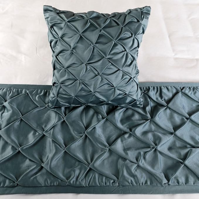 The HomeCentric Decorative Blue Queen 74 x 18 inch Bed Runner with 2 Pillow Cover, Satin Pintucks Bed Scarf, Solid Color Modern - Satin Nights