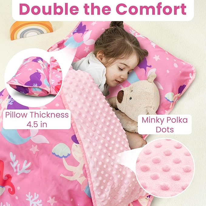 Toddler Nap Mat with Pillow and Minky Blanket, Large 55"x35" Sleeping Bag, Washable, Lightweight, Easy to Roll, Perfect for Preschool, Daycare, Kindergarten, Travel, Boys and Girls(Mermaid)