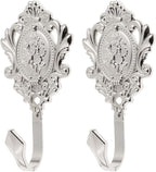 2Pcs Wall Hooks Silver Rose Pattern Carved Vintage Drapery Clothes Key Hook Bathroom Bedroom Multi-Function Decorative Hook with Screws