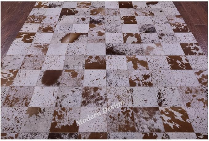 Modern Design Premium Cowhide Leather Carpet with Chevron Pattern, Area Rug (White/Brown, 2x3)