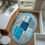 Distressed Blue Grey Greek Key Pattern Indoor Area Rug 3x5 for Living Room Bedroom Dining Room Faux Wool Anti Slip Floor Mats Nursery Entryway Minimalist Geometric Texture Bordered Rugs Retro Carpet
