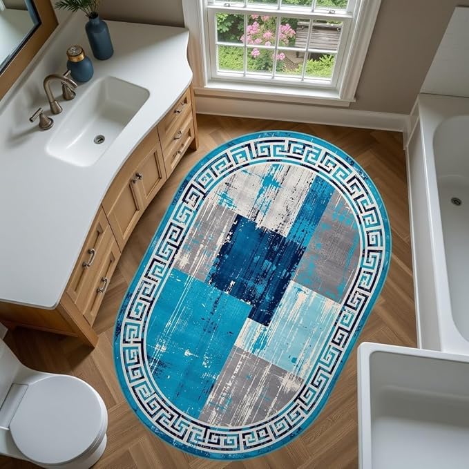 Distressed Blue Grey Greek Key Pattern Indoor Area Rug 3x5 for Living Room Bedroom Dining Room Faux Wool Anti Slip Floor Mats Nursery Entryway Minimalist Geometric Texture Bordered Rugs Retro Carpet