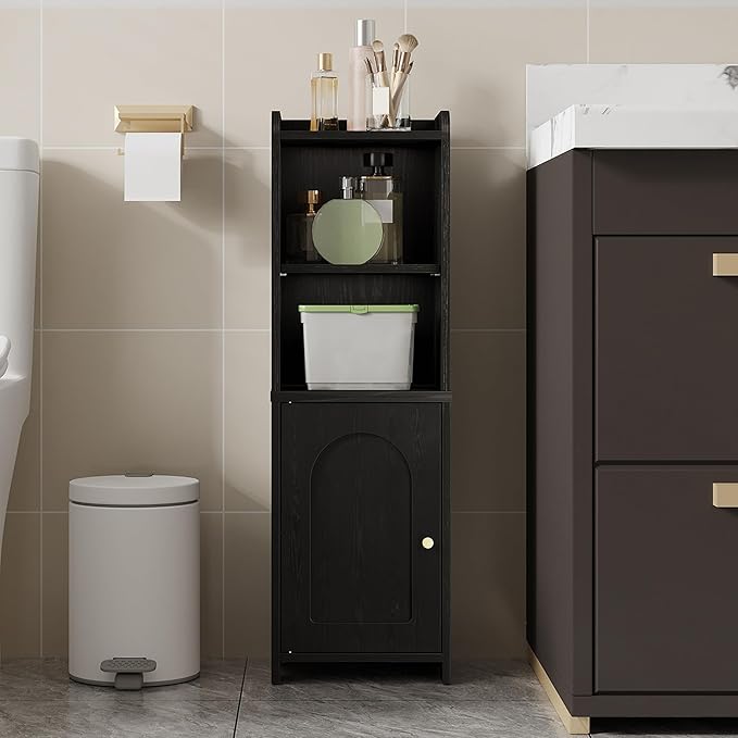 Hzuaneri Bathroom Storage Cabinet, Corner Floor Cabinet with Doors and Adjustable Shelf, Narrow Toilet Paper Cabinets, Bathroom Organizer for Small Spaces, Black BC39704X