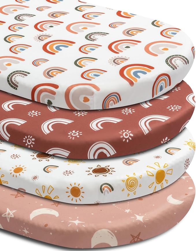 Jola's House 4 Pack Boho Bassinet Sheets - Sunshine & Rainbow Design - Neutral Unisex - Fitted Baby Bassinet Sheets