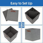 Temary 12x12 Storage Cube Bins 4 Pack Fabric Storage Cubes Storage Bins with Leather Handles, Storage Baskets Foldable Cube Organizers Bins for Home (Grey)