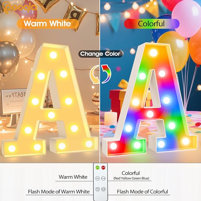 Pooqla LED Light Up Letters, Warm White and Colorful Lighted Marquee Letters with Remote, Lighted Letter for Party Birthday Decorations, Gift for Girls Boys Night Light, Wedding Home Decor, Letter A