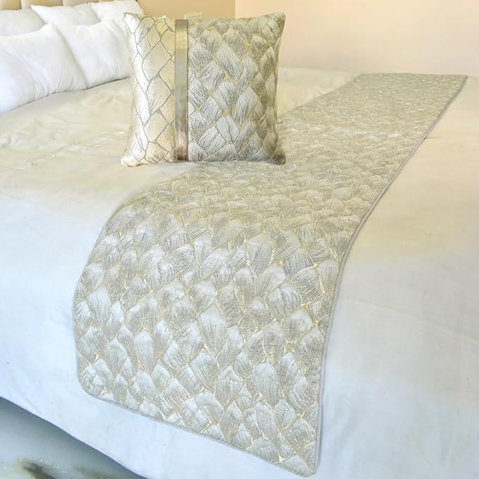 The HomeCentric King/Queen/Twin Ivory & Gold Designer Queen 74"x18" Bed Runner with 2 Pillow Cover, Patchwork, Quilted, Jacquard Foil Bed Scarf on Jacquard Fabric - Spinzar