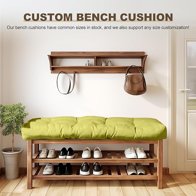 Bench Cushion 27 inches,Indoor/Outdoor Non-Slip Tufted Cushions, Premium Waterproof Linen, Soft Piano Sofa Cushions, Entryway Storage, Bay Window, High-Density Memory Foam(Green-27x12x4in)