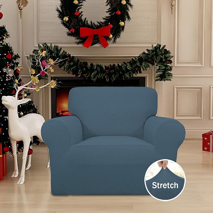 Easy-Going Stretch Chair Sofa Slipcover 1-Piece Couch Sofa Cover Furniture Protector Soft with Elastic Bottom for Kids, Pet. Spandex Jacquard Fabric Small Checks (Chair, Bluestone)