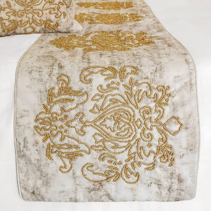 The HomeCentric King/Queen/Twin Ivory & Gold Designer Full 68"x18" Bed Runner with 2 Pillow Cover, Beaded & Foil Bed Scarf on Silk Fabric - Foil Damask Gold