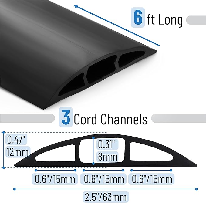 Bates- Floor Cord Cover, 6ft, Cable Cavity 0.6" (W) x 0.31" (H), Heavy Duty Wire Protector, PVC Extension Cords Hider, Protect Cords, Prevent Cable Trips, Cord Hider for Office, Home, Outdoor