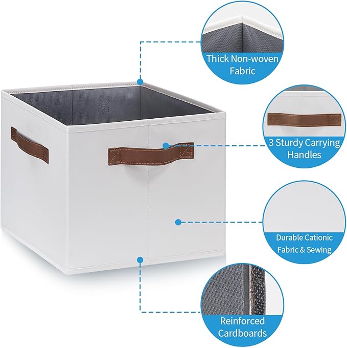GhvyenntteS Large Fabric Storage Bins with 3 Handles, 15x11x9.6 Inch Storage Baskets for Shelves, Foldable Closet Storage Bins for Shelves, Closet Organizers and Storage Boxes, White
