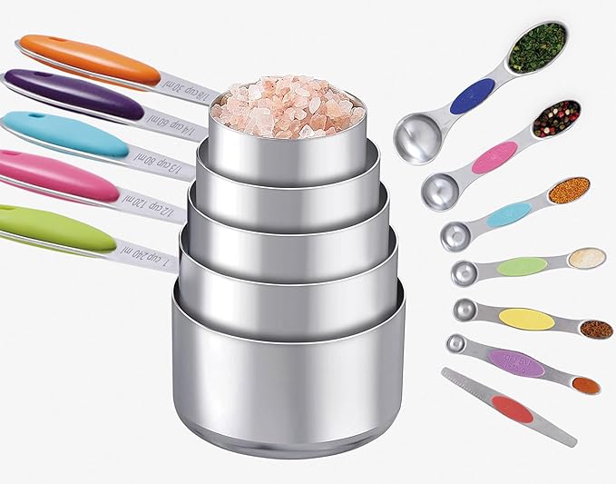 12 PCS Measuring Cups and Spoons Set Stainless Steel, 5 Measuring Cups with Colorful Silicone Handle and 6 Double-Sided Magnetic Measuring Spoons & 1 Leveler for Cooking and Baking (5+6+1)