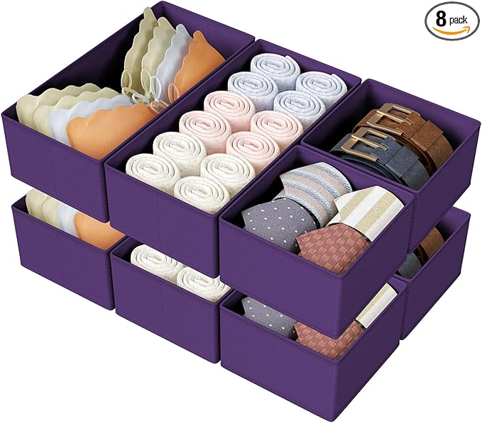 DIMJ Drawer Organizers Clothes, Set of 8 Dresser Organizer Bins, Fabric Closet Organizers and Storage, Shallow Drawer Dividers for Nursery, Clothing, Baby Clothes, Socks, Underwears, Tie (Purple)