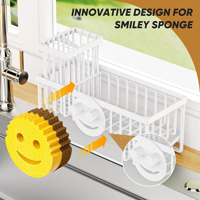Sponge Holder for Kitchen Sink,Smiley Face Sink Caddy with Removable Brush Holder,Self-Draining Sponge Caddy for Sponge,Soap,Dish Brush,Scrubber,Kitchen Essentials and Gadgets-White