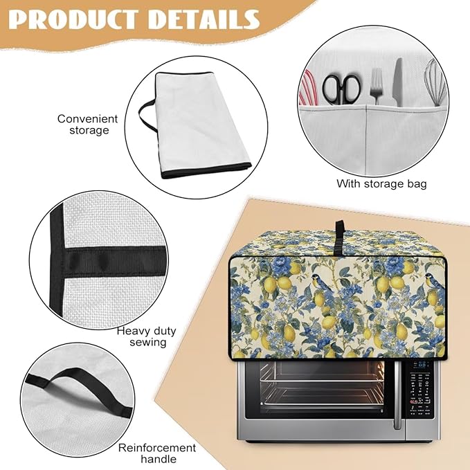 Lemon Floral Robin Bird Print Microwave Oven Dust Cover Heavy Duty Microwave Oven Grill Cover Dustproof Kitchen Machine Covers Case Protections for Toaster Oven, M