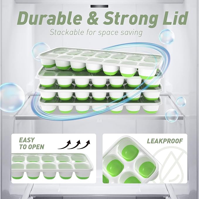 ChefAide Ice Cube Tray with Lid, 4 Packs 56 Cubes Durable Stackable Ice Cube Trays for Freezer with Removable Lids, Easy-Release Plastic & Silicone Ice Tray for Cocktail, Coffee