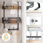 2-Tier Over Door Hook & Basket Organizer 12 Hooks + 2 Mesh Baskets for Bathroom Towels, Kitchen Pantry & Bedroom Storage, No-Drill Hanging Rack, Black