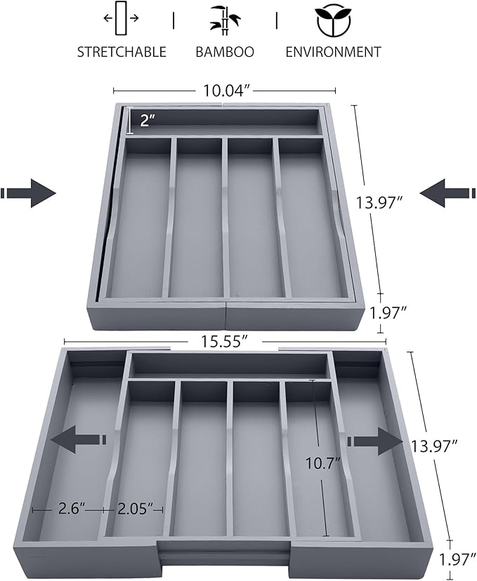 Expandable Bamboo Kitchen Drawer Organizer for Cutlery and Utensils, Adjustable Bamboo Wood Cutlery Tray in Drawer for Flatware and Silverware in Kitchen, (Grey)