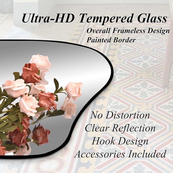 Irregular Frameless Mirror, 35.8"x17.7" Asymmetrical Tempered Glass Mirror, Modern Abstract Wall Mirrors for Living Room Bathroom Bedroom Hallway Entryway, Horizontal or Vertical Hanging