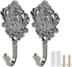 2Pcs Wall Hooks Black Pattern Carved Vintage Drapery Clothes Key Hook Bathroom Bedroom Multi-Function Decorative Hook with Screws