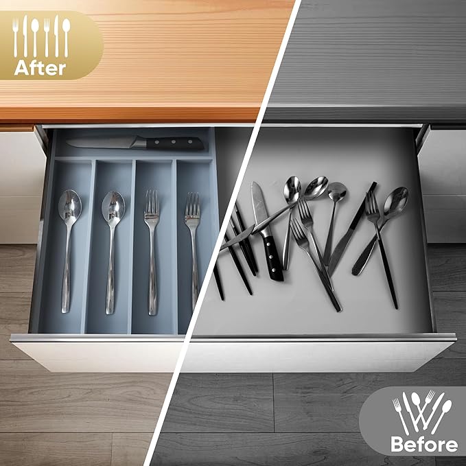 Silverware Organizer, 2 Pack 10 Inch Utensil Organizer Kitchen Drawer Organizer Bamboo Silverware Holder Cutlery Tray Organizer in Drawer Flatware Organizer Tray(5 slots, Gray）