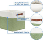 Temary 12 Inch Fabric Storage Cubes Storage Bins with Leather Handles, 4 Pack Cube Baskets Bins for Organizing Closet, Foldable Cloth Baskets for Shelves (White&Green)
