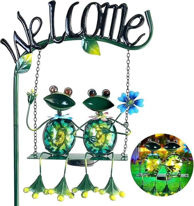 HONGLAND Solar Lights Outdoor Waterproof, Frog Swing Garden Decor, Frog Decorative Stake with Welcome Sign Landscape Patio Yard Gifts for Women Mom (48 inch)