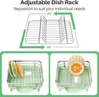 SAYZH Dish Drying Rack - Expandable Dish Rack for Kitchen Counter, Rust-Resistant Dish Drainer with Utensil Holder and Raised Guardrail, Kitchen Organizer for Cup and Bottle (Green)