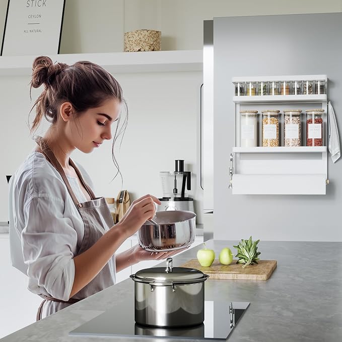 Magnetic Spice Rack Organizer Single Tier Refrigerator Spice Storage Shelf, Easy to Install The Side of The Refrigerator Can Hold spices, Jar of Olive Oil (White L)