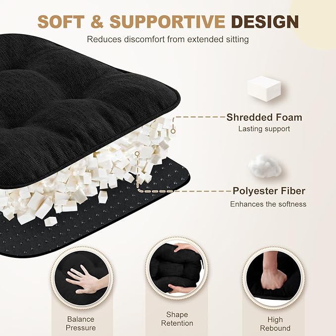 downluxe Indoor Chair Cushions for Dining Chairs, Tufted Overstuffed Textured Foam Kitchen Chair Pads with Ties and Non-Slip Backing, 15.5" x 15.5" x 4", Black, 6 Pack