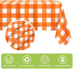 Mulbozy Orange Gingham Tablecloth 4 Pack, 54 x 108 Inch Plastic Table Cloth Disposable, Orange and White Checkered Table Cover for Party Supplies