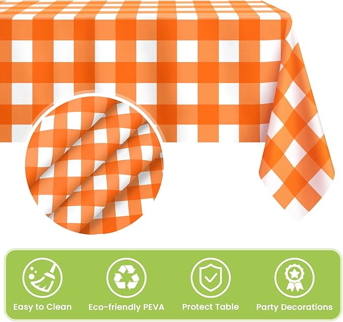 Mulbozy Orange Gingham Tablecloth 4 Pack, 54 x 108 Inch Plastic Table Cloth Disposable, Orange and White Checkered Table Cover for Party Supplies