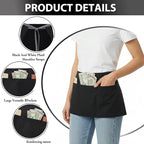 BOHARERS 3-Pocket Waist Apron With Black And White Plaid Shoulder Straps - Black Waitress Waiter Server Short Aprons
