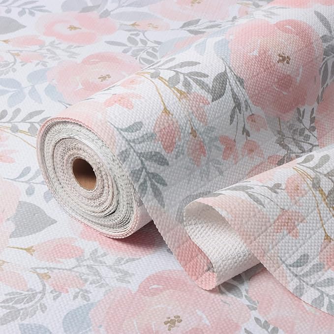 Floral Shelf and Drawer Liner for Kitchen,12IN x 20FT Non-Adhesive and Strong Non-Slip Peony Cabinet Drawer Liners for Kitchen Shelf, Waterproof Cupboard Liners,Easy to Clean