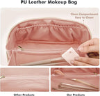 Prite Makeup Bag for Women Travel Waterproof Vegan Leather Cosmetic Bag Open Flat Toiletry Bag With Clear Divider and Handle (Pink, Medium)