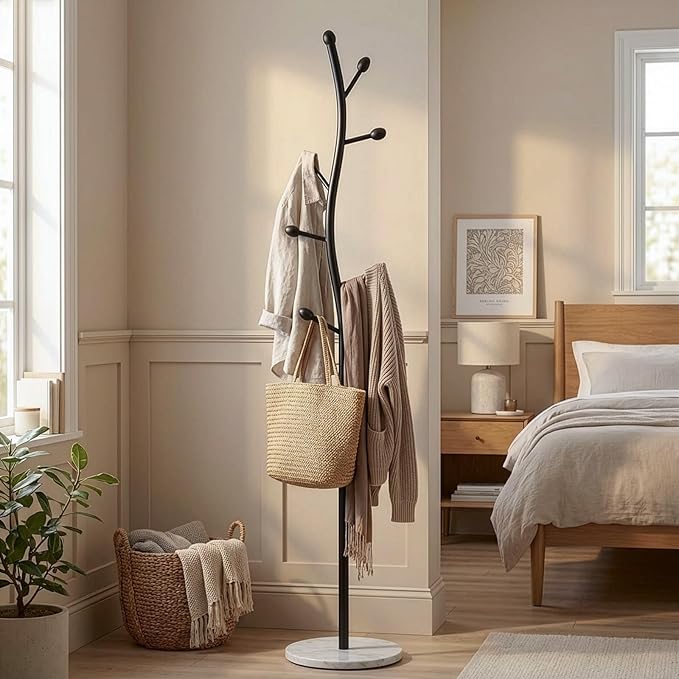sawsile Black Coat Rack Freestanding,Coat Hanger Stand with Natural Marble Base,Modern Sturdy Metal Clothes Rack Standing Hall Tree Hanger for Hats,Scarf, Bag, Jacket