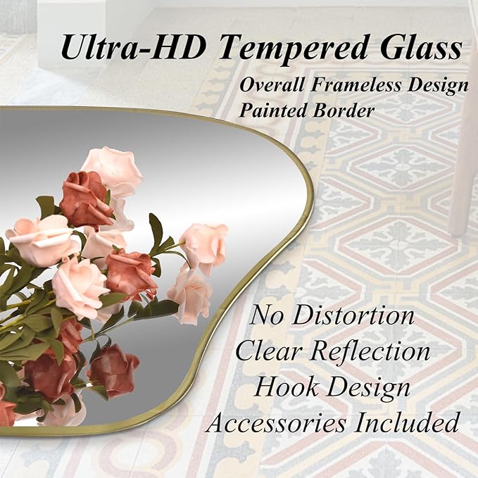 Gold Irregular Mirror, 47.2"x24" Asymmetrical Tempered Glass Mirror, Modern Abstract Frameless Wall Mirrors for Living Room Bedroom Hallway Entryway, Hangs Vertically or Horizontally