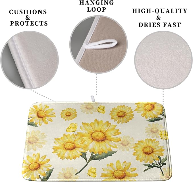 Yellow Sunflower Dish Drying Mat for Kitchen Counter Summer Daisy Floral Dishes Pad Farmhouse Flower Dish Draining Microfiber Absorbent Dish Drainer Rack Mat Large Extra Large 18x24 Inch
