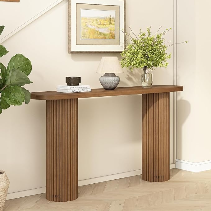 Fluted Solid Wood Console Table-55 Inches Farmhouse Entryway Table with Rounded Corners, Morden Sofa Tables Behind Couch for Foyer, Entrance, Living Room, Hallway