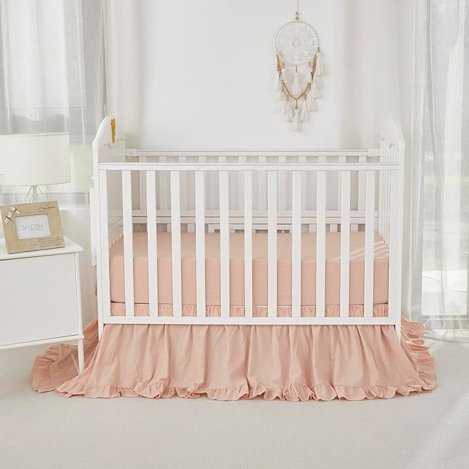 Brandream Boho Bohemian Girl Baby Nursery Crib Bed Skirt Dust Ruffle - Neutral Solid Color Blush Farmhouse Chic 100% Washed Cotton Ruffle