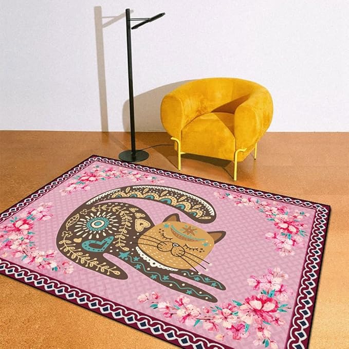 Cartoon Animal Pattern Area Rug Cute Cat Luxury Floral Decor for Carpet Farmhouse Bedroom Living Room Rugs Bathroom Kitchen Runner Mat Indoor Outdoor Non Slip Doormat 2' X 9'