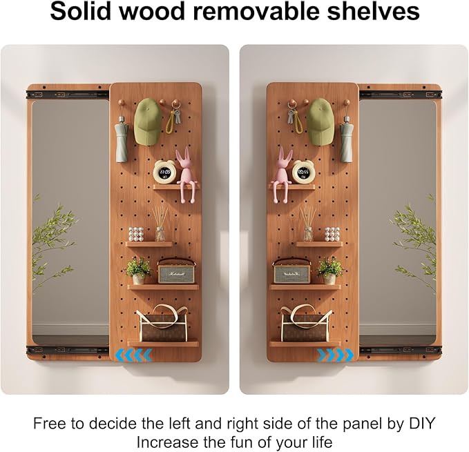 KungFuWood Full Length Mirror with Shelf and Hooks,Entry Way Mirrors for Wall,Wall Mirror with Shelf,Wall Mirror with Storage Multifunctional Design Panel,Living Room