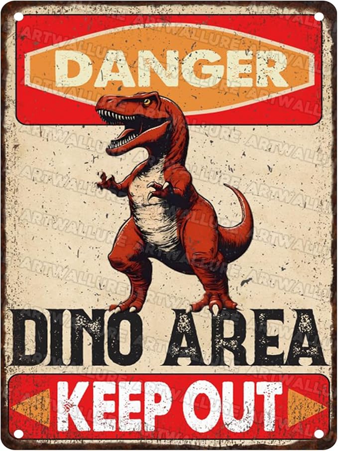 Dinosaur Vintage Tin Sign Danger Dinosaur Area Keep Out Funny Sign for Boys Room 12x16inch